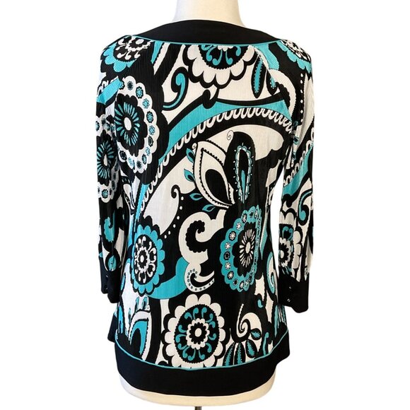 Covington 3/4 Sleeve Square Neck Accordion Pleat Retro Floral Blk Wh Teal Top LG - Picture 6 of 10